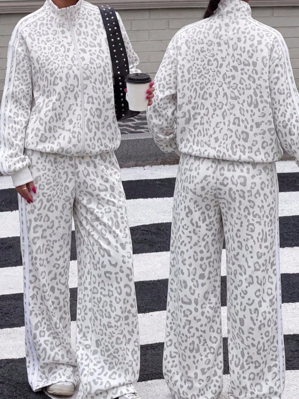 Multicolor Casual Athletic Women's Leopard Print Sweatshirt and Pants Set - Picture 3 of 6